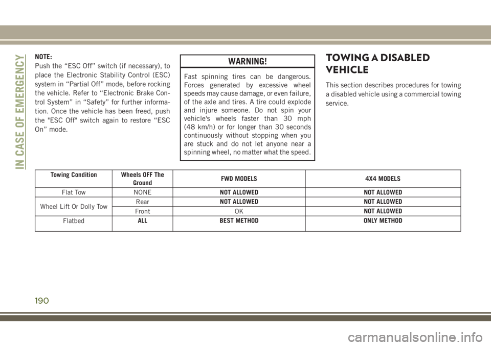 JEEP CHEROKEE 2018 Owner handbook (in English) NOTE:
Push the “ESC Off” switch (if necessary), to
place the Electronic Stability Control (ESC)
system in “Partial Off” mode, before rocking
the vehicle. Refer to “Electronic Brake Con-
trol JEEP CHEROKEE 2018 Owner handbook (in English) NOTE:
Push the “ESC Off” switch (if necessary), to
place the Electronic Stability Control (ESC)
system in “Partial Off” mode, before rocking
the vehicle. Refer to “Electronic Brake Con-
trol