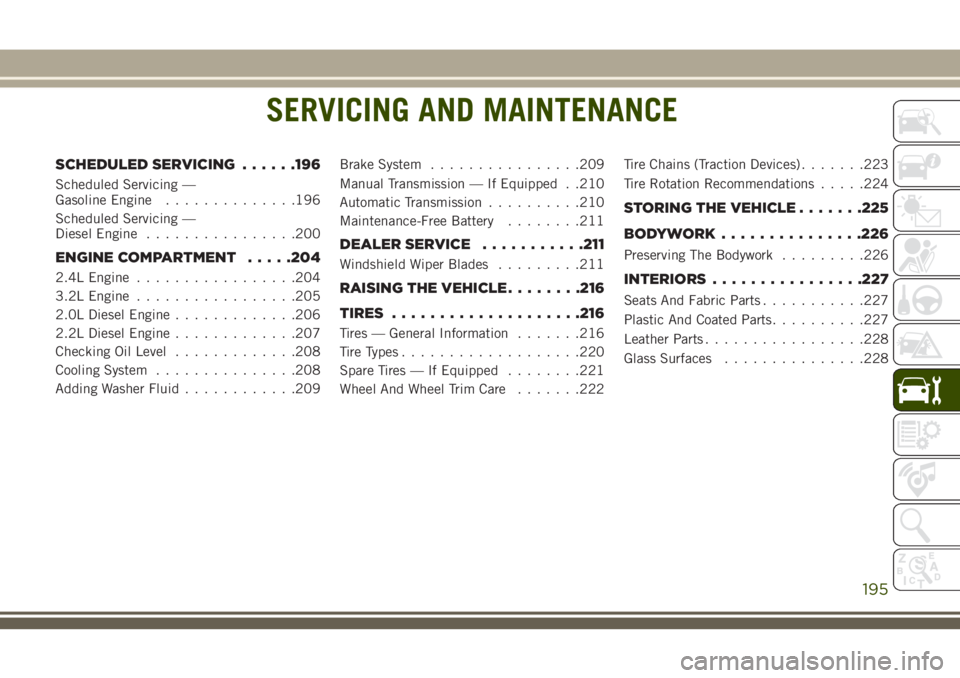 JEEP CHEROKEE 2018  Owner handbook (in English) SERVICING AND MAINTENANCE
SCHEDULED SERVICING......196
Scheduled Servicing —
Gasoline Engine..............196
Scheduled Servicing —
Diesel Engine ................200
ENGINE COMPARTMENT .....204
2.