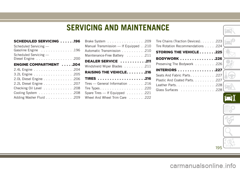JEEP CHEROKEE 2018 Owner handbook (in English) SERVICING AND MAINTENANCE
SCHEDULED SERVICING......196
Scheduled Servicing —
Gasoline Engine..............196
Scheduled Servicing —
Diesel Engine ................200
ENGINE COMPARTMENT .....204
2. JEEP CHEROKEE 2018 Owner handbook (in English) SERVICING AND MAINTENANCE
SCHEDULED SERVICING......196
Scheduled Servicing —
Gasoline Engine..............196
Scheduled Servicing —
Diesel Engine ................200
ENGINE COMPARTMENT .....204
2.