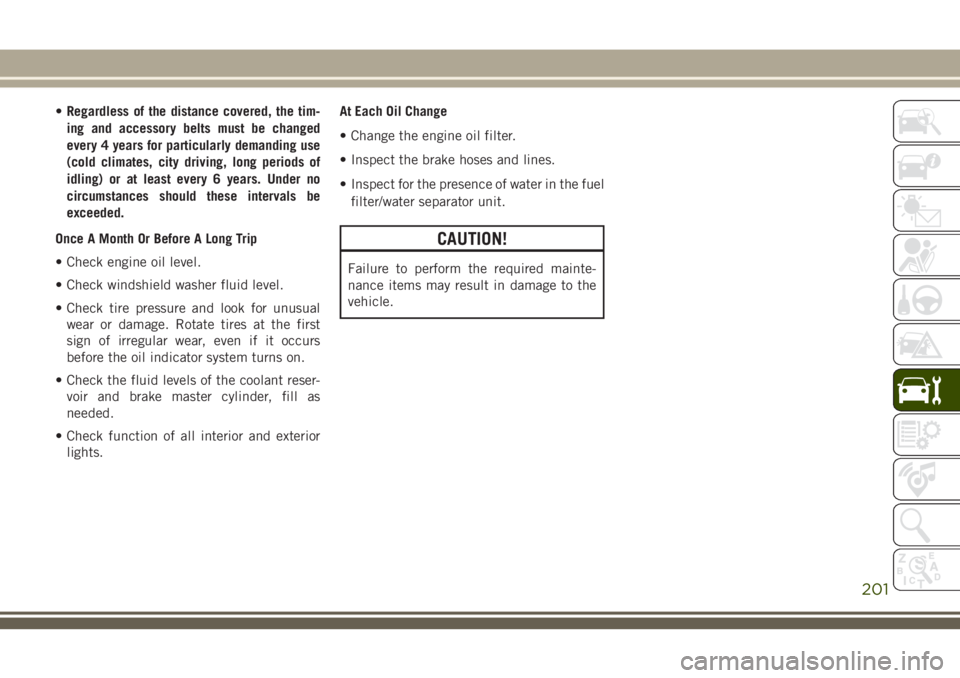JEEP CHEROKEE 2018 Owner handbook (in English) •Regardless of the distance covered, the tim-
ing and accessory belts must be changed
every 4 years for particularly demanding use
(cold climates, city driving, long periods of
idling) or at least e JEEP CHEROKEE 2018 Owner handbook (in English) •Regardless of the distance covered, the tim-
ing and accessory belts must be changed
every 4 years for particularly demanding use
(cold climates, city driving, long periods of
idling) or at least e