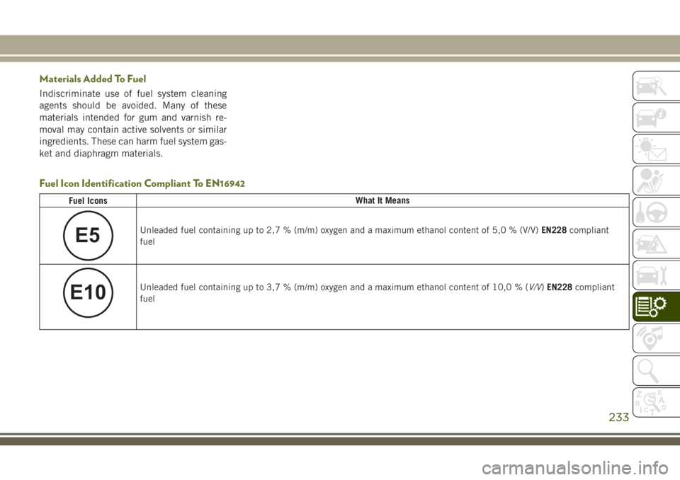 JEEP CHEROKEE 2018 Owner handbook (in English) Materials Added To Fuel
Indiscriminate use of fuel system cleaning
agents should be avoided. Many of these
materials intended for gum and varnish re-
moval may contain active solvents or similar
ingre JEEP CHEROKEE 2018 Owner handbook (in English) Materials Added To Fuel
Indiscriminate use of fuel system cleaning
agents should be avoided. Many of these
materials intended for gum and varnish re-
moval may contain active solvents or similar
ingre