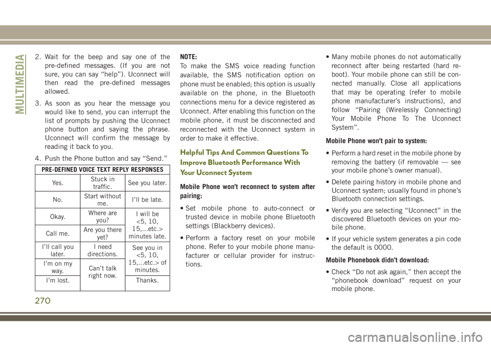 JEEP CHEROKEE 2018 Owner handbook (in English) 2. Wait for the beep and say one of thepre-defined messages. (If you are not
sure, you can say “help”). Uconnect will
then read the pre-defined messages
allowed.
3. As soon as you hear the message JEEP CHEROKEE 2018 Owner handbook (in English) 2. Wait for the beep and say one of thepre-defined messages. (If you are not
sure, you can say “help”). Uconnect will
then read the pre-defined messages
allowed.
3. As soon as you hear the message