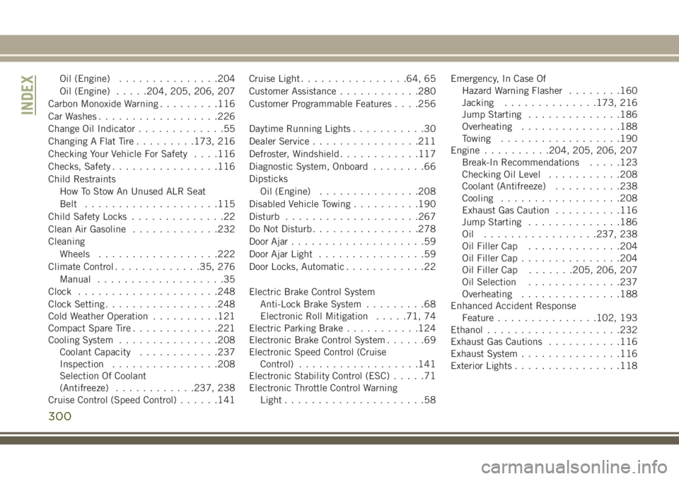 JEEP CHEROKEE 2018  Owner handbook (in English) Oil (Engine)...............204
Oil (Engine) .....204, 205, 206, 207
Carbon Monoxide Warning .........116
Car Washes ..................226
Change Oil Indicator .............55
Changing A Flat Tire ....