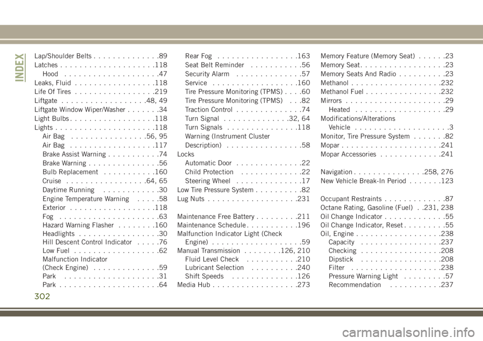 JEEP CHEROKEE 2018 Owner handbook (in English) Lap/Shoulder Belts..............89
Latches ....................118
Hood ....................47
Leaks, Fluid .................118
Life Of Tires .................219
Liftgate ..................48, 49
Li JEEP CHEROKEE 2018 Owner handbook (in English) Lap/Shoulder Belts..............89
Latches ....................118
Hood ....................47
Leaks, Fluid .................118
Life Of Tires .................219
Liftgate ..................48, 49
Li