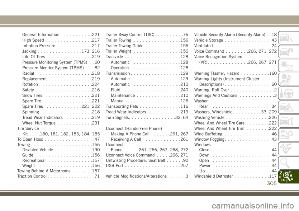 JEEP CHEROKEE 2018  Owner handbook (in English) General Information..........221
High Speed ................217
Inflation Pressure ............217
Jacking ...............173, 216
Life Of Tires ...............219
Pressure Monitoring System (TPMS). .