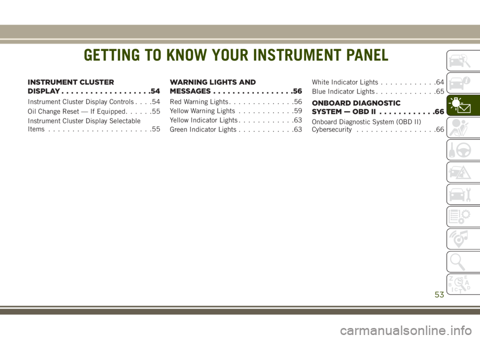 JEEP CHEROKEE 2018 Owner handbook (in English) GETTING TO KNOW YOUR INSTRUMENT PANEL
INSTRUMENT CLUSTER
DISPLAY...................54
Instrument Cluster Display Controls ....54
Oil Change Reset — If Equipped ......55
Instrument Cluster Display Se JEEP CHEROKEE 2018 Owner handbook (in English) GETTING TO KNOW YOUR INSTRUMENT PANEL
INSTRUMENT CLUSTER
DISPLAY...................54
Instrument Cluster Display Controls ....54
Oil Change Reset — If Equipped ......55
Instrument Cluster Display Se