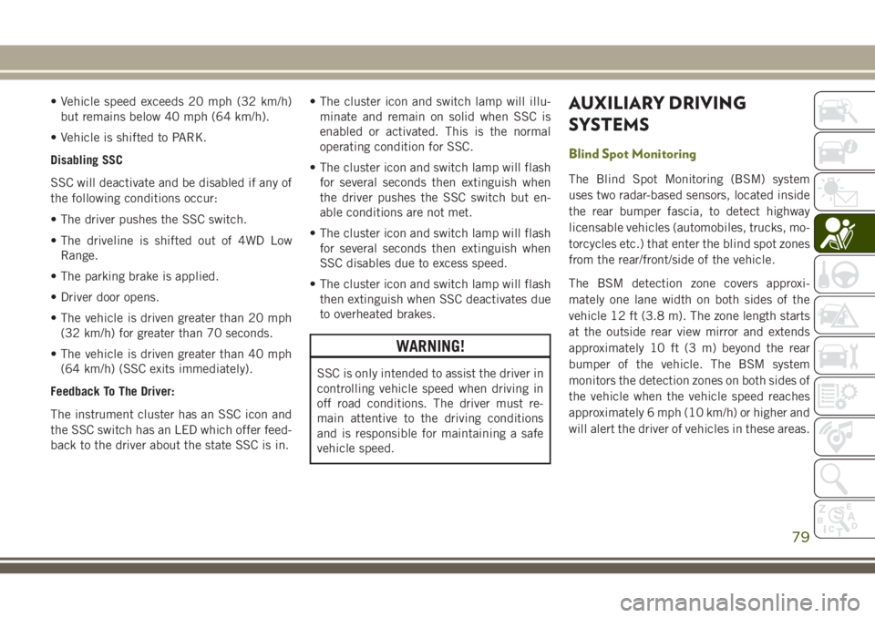 JEEP CHEROKEE 2018 Owner handbook (in English) • Vehicle speed exceeds 20 mph (32 km/h)but remains below 40 mph (64 km/h).
• Vehicle is shifted to PARK.
Disabling SSC
SSC will deactivate and be disabled if any of
the following conditions occur JEEP CHEROKEE 2018 Owner handbook (in English) • Vehicle speed exceeds 20 mph (32 km/h)but remains below 40 mph (64 km/h).
• Vehicle is shifted to PARK.
Disabling SSC
SSC will deactivate and be disabled if any of
the following conditions occur