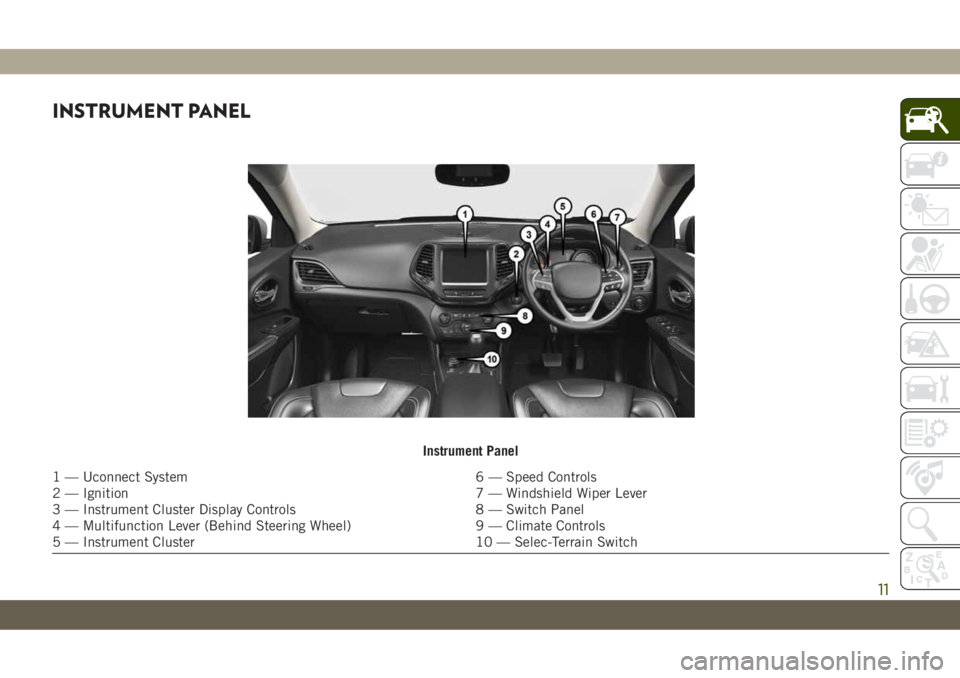 JEEP CHEROKEE 2019  Owner handbook (in English) INSTRUMENT PANEL
Instrument Panel
1 — Uconnect System 6 — Speed Controls
2 — Ignition 7 — Windshield Wiper Lever
3 — Instrument Cluster Display Controls 8 — Switch Panel
4 — Multifunctio
