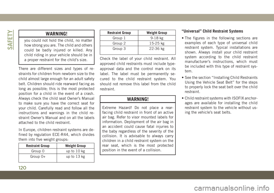 JEEP CHEROKEE 2019 Owner handbook (in English) WARNING!
you could not hold the child, no matter
how strong you are. The child and others
could be badly injured or killed. Any
child riding in your vehicle should be in
a proper restraint for the chi JEEP CHEROKEE 2019 Owner handbook (in English) WARNING!
you could not hold the child, no matter
how strong you are. The child and others
could be badly injured or killed. Any
child riding in your vehicle should be in
a proper restraint for the chi