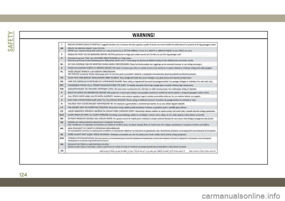 JEEP CHEROKEE 2019 Owner handbook (in English) WARNING!
SAFETY
124 JEEP CHEROKEE 2019 Owner handbook (in English) WARNING!
SAFETY
124