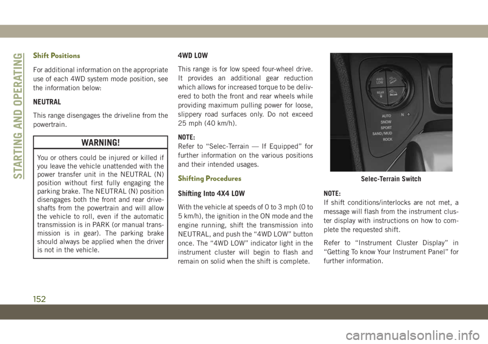 JEEP CHEROKEE 2019 Owner handbook (in English) Shift Positions
For additional information on the appropriate
use of each 4WD system mode position, see
the information below:
NEUTRAL
This range disengages the driveline from the
powertrain.
WARNING! JEEP CHEROKEE 2019 Owner handbook (in English) Shift Positions
For additional information on the appropriate
use of each 4WD system mode position, see
the information below:
NEUTRAL
This range disengages the driveline from the
powertrain.
WARNING!