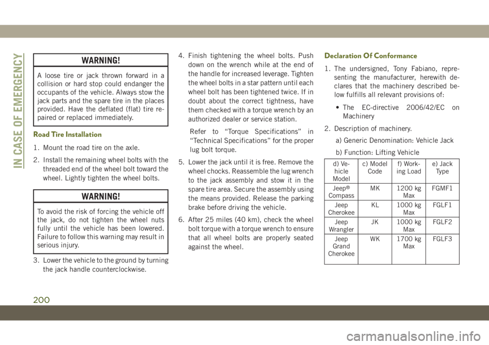 JEEP CHEROKEE 2019  Owner handbook (in English) WARNING!
A loose tire or jack thrown forward in a
collision or hard stop could endanger the
occupants of the vehicle. Always stow the
jack parts and the spare tire in the places
provided. Have the def