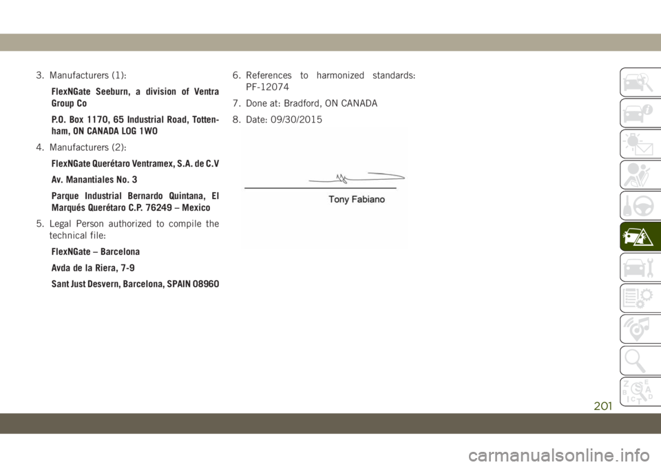 JEEP CHEROKEE 2019 Owner handbook (in English) 3. Manufacturers (1):
FlexNGate Seeburn, a division of Ventra
Group Co
P.O. Box 1170, 65 Industrial Road, Totten-
ham, ON CANADA L0G 1W0
4. Manufacturers (2):
FlexNGate Querétaro Ventramex, S.A. de C JEEP CHEROKEE 2019 Owner handbook (in English) 3. Manufacturers (1):
FlexNGate Seeburn, a division of Ventra
Group Co
P.O. Box 1170, 65 Industrial Road, Totten-
ham, ON CANADA L0G 1W0
4. Manufacturers (2):
FlexNGate Querétaro Ventramex, S.A. de C