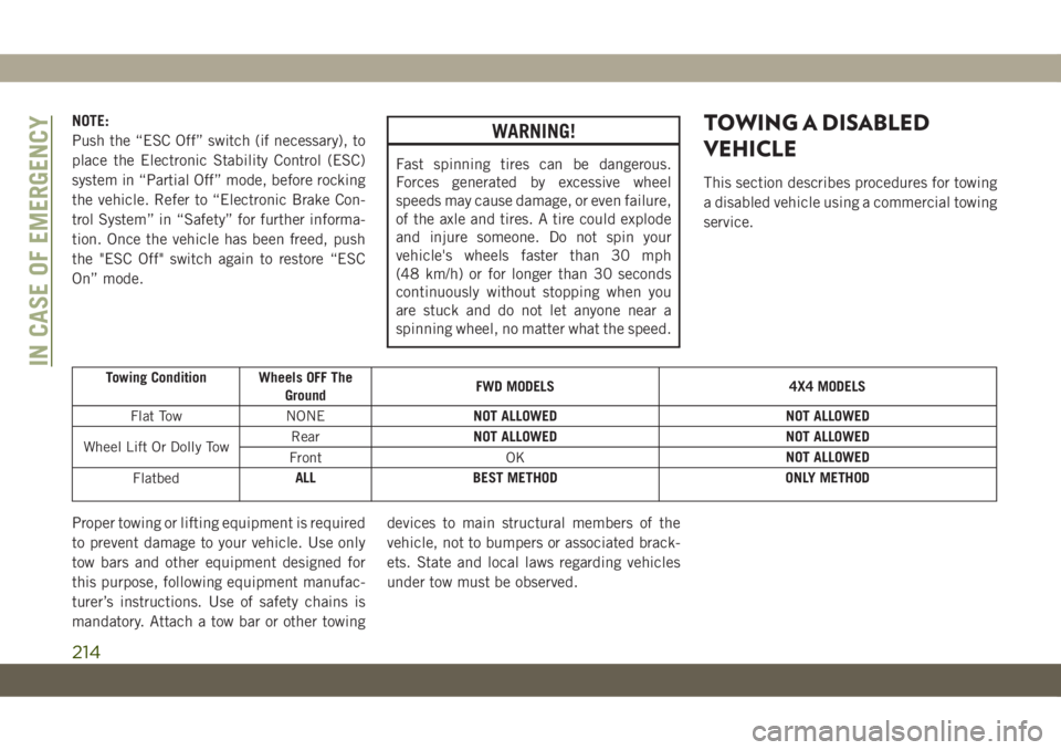 JEEP CHEROKEE 2019 Owner handbook (in English) NOTE:
Push the “ESC Off” switch (if necessary), to
place the Electronic Stability Control (ESC)
system in “Partial Off” mode, before rocking
the vehicle. Refer to “Electronic Brake Con-
trol JEEP CHEROKEE 2019 Owner handbook (in English) NOTE:
Push the “ESC Off” switch (if necessary), to
place the Electronic Stability Control (ESC)
system in “Partial Off” mode, before rocking
the vehicle. Refer to “Electronic Brake Con-
trol