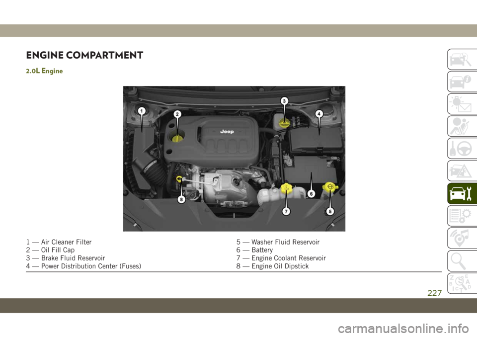JEEP CHEROKEE 2019 Owner handbook (in English) ENGINE COMPARTMENT
2.0L Engine
1 — Air Cleaner Filter 5 — Washer Fluid Reservoir
2 — Oil Fill Cap 6 — Battery
3 — Brake Fluid Reservoir 7 — Engine Coolant Reservoir
4 — Power Distributio JEEP CHEROKEE 2019 Owner handbook (in English) ENGINE COMPARTMENT
2.0L Engine
1 — Air Cleaner Filter 5 — Washer Fluid Reservoir
2 — Oil Fill Cap 6 — Battery
3 — Brake Fluid Reservoir 7 — Engine Coolant Reservoir
4 — Power Distributio