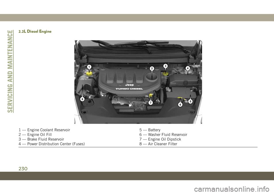 JEEP CHEROKEE 2019 Owner handbook (in English) 2.2L Diesel Engine
1 — Engine Coolant Reservoir 5 — Battery
2 — Engine Oil Fill 6 — Washer Fluid Reservoir
3 — Brake Fluid Reservoir 7 — Engine Oil Dipstick
4 — Power Distribution Center JEEP CHEROKEE 2019 Owner handbook (in English) 2.2L Diesel Engine
1 — Engine Coolant Reservoir 5 — Battery
2 — Engine Oil Fill 6 — Washer Fluid Reservoir
3 — Brake Fluid Reservoir 7 — Engine Oil Dipstick
4 — Power Distribution Center