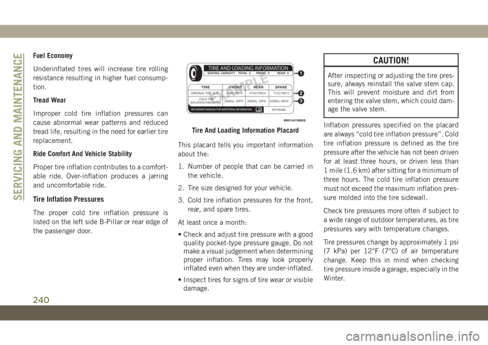JEEP CHEROKEE 2019 Owner handbook (in English) Fuel Economy
Underinflated tires will increase tire rolling
resistance resulting in higher fuel consump-
tion.
Tread Wear
Improper cold tire inflation pressures can
cause abnormal wear patterns and re JEEP CHEROKEE 2019 Owner handbook (in English) Fuel Economy
Underinflated tires will increase tire rolling
resistance resulting in higher fuel consump-
tion.
Tread Wear
Improper cold tire inflation pressures can
cause abnormal wear patterns and re