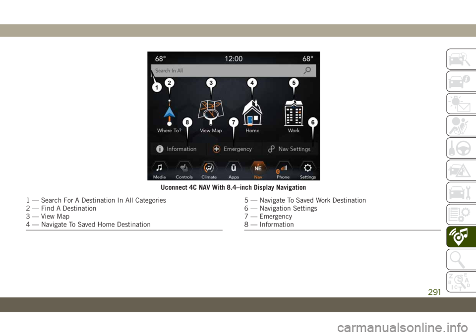 JEEP CHEROKEE 2019  Owner handbook (in English) Uconnect 4C NAV With 8.4–inch Display Navigation
1 — Search For A Destination In All Categories
2 — Find A Destination
3 — View Map
4 — Navigate To Saved Home Destination5 — Navigate To Sa
