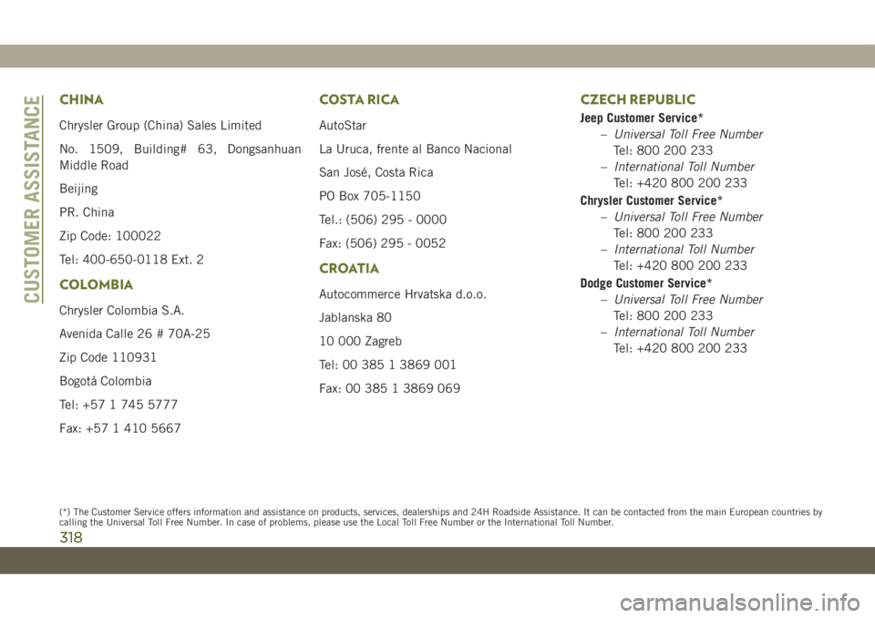 JEEP CHEROKEE 2019  Owner handbook (in English) CHINA
Chrysler Group (China) Sales Limited
No. 1509, Building# 63, Dongsanhuan
Middle Road
Beijing
PR. China
Zip Code: 100022
Tel: 400-650-0118 Ext. 2
COLOMBIA
Chrysler Colombia S.A.
Avenida Calle 26 