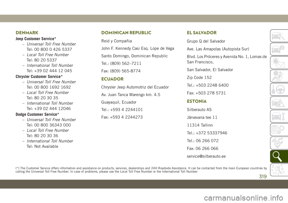 JEEP CHEROKEE 2019 Owner handbook (in English) DENMARK
Jeep Customer Service*
–Universal Toll Free Number
Tel: 00 800 0 426 5337
–Local Toll Free Number
Tel: 80 20 5337
–International Toll Number
Tel: +39 02 444 12 045
Chrysler Customer Serv JEEP CHEROKEE 2019 Owner handbook (in English) DENMARK
Jeep Customer Service*
–Universal Toll Free Number
Tel: 00 800 0 426 5337
–Local Toll Free Number
Tel: 80 20 5337
–International Toll Number
Tel: +39 02 444 12 045
Chrysler Customer Serv