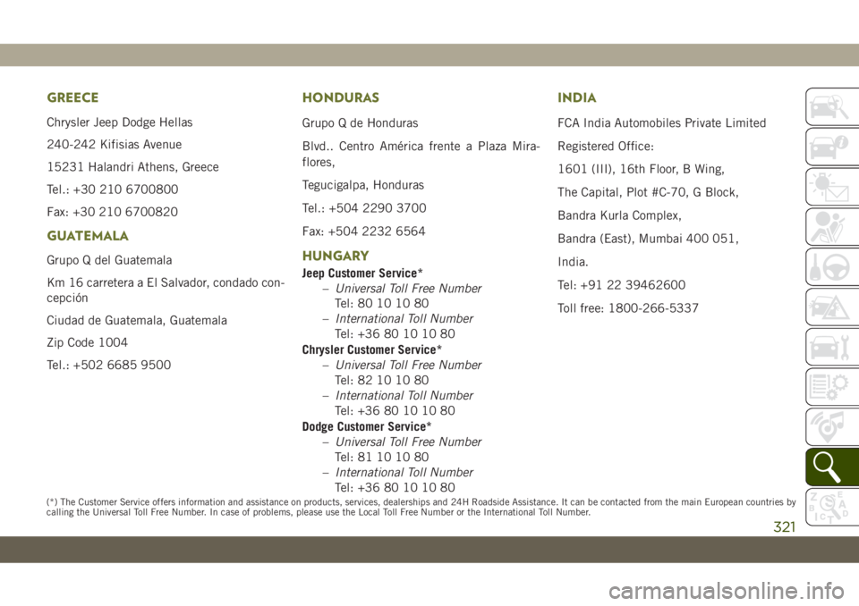 JEEP CHEROKEE 2019 Owner handbook (in English) GREECE
Chrysler Jeep Dodge Hellas
240-242 Kifisias Avenue
15231 Halandri Athens, Greece
Tel.: +30 210 6700800
Fax: +30 210 6700820
GUATEMALA
Grupo Q del Guatemala
Km 16 carretera a El Salvador, condad JEEP CHEROKEE 2019 Owner handbook (in English) GREECE
Chrysler Jeep Dodge Hellas
240-242 Kifisias Avenue
15231 Halandri Athens, Greece
Tel.: +30 210 6700800
Fax: +30 210 6700820
GUATEMALA
Grupo Q del Guatemala
Km 16 carretera a El Salvador, condad