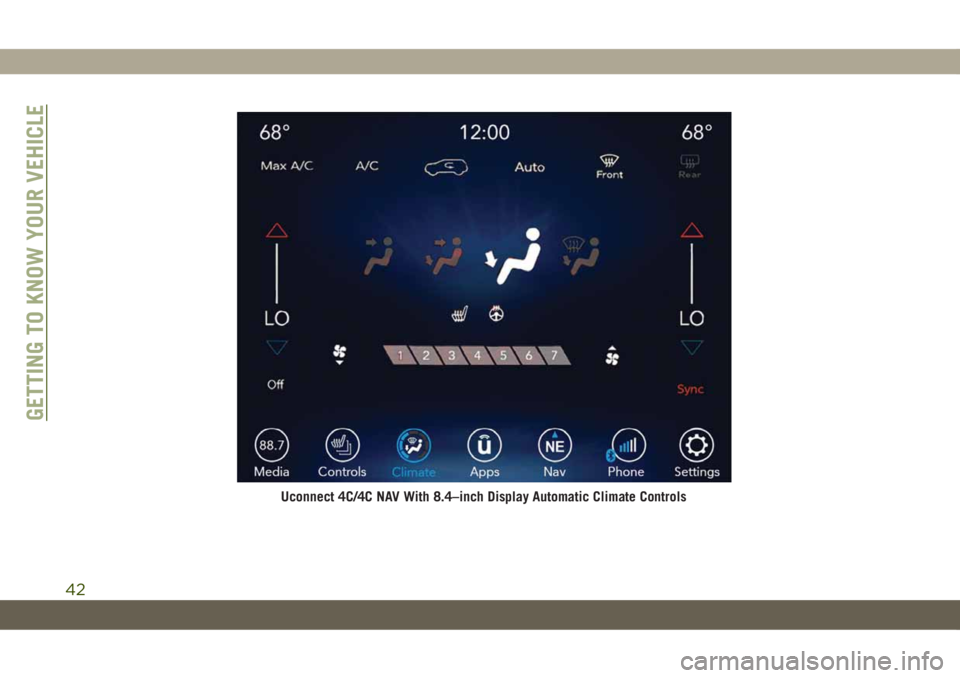 JEEP CHEROKEE 2019 Owner handbook (in English) Uconnect 4C/4C NAV With 8.4–inch Display Automatic Climate Controls
GETTING TO KNOW YOUR VEHICLE
42 JEEP CHEROKEE 2019 Owner handbook (in English) Uconnect 4C/4C NAV With 8.4–inch Display Automatic Climate Controls
GETTING TO KNOW YOUR VEHICLE
42