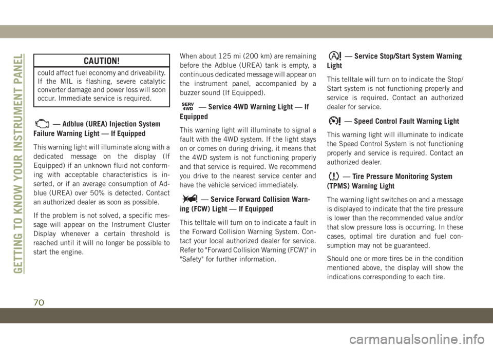 JEEP CHEROKEE 2019 Owner handbook (in English) CAUTION!
could affect fuel economy and driveability.
If the MIL is flashing, severe catalytic
converter damage and power loss will soon
occur. Immediate service is required.
— Adblue (UREA) Injectio JEEP CHEROKEE 2019 Owner handbook (in English) CAUTION!
could affect fuel economy and driveability.
If the MIL is flashing, severe catalytic
converter damage and power loss will soon
occur. Immediate service is required.
— Adblue (UREA) Injectio