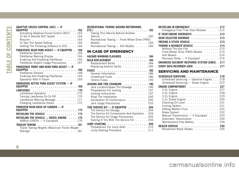 JEEP CHEROKEE 2019  Owner handbook (in English) ADAPTIVE CRUISE CONTROL (ACC) — IF
EQUIPPED....................... 162
Activating Adaptive Cruise Control (ACC) . . 163
To Set A Desired ACC Speed.......... 164
Resume...................... 164
To V