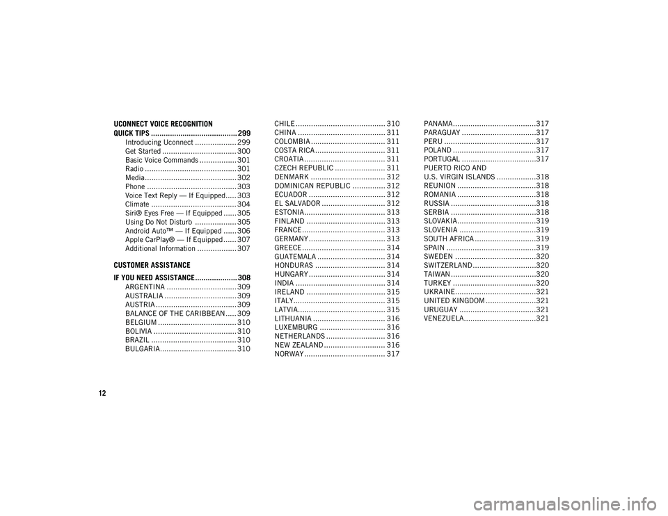 JEEP CHEROKEE 2021  Owner handbook (in English) 12
UCONNECT VOICE RECOGNITION 
QUICK TIPS ......................................... 299
Introducing Uconnect ................... 299
Get Started .................................. 300
Basic Voice Comm