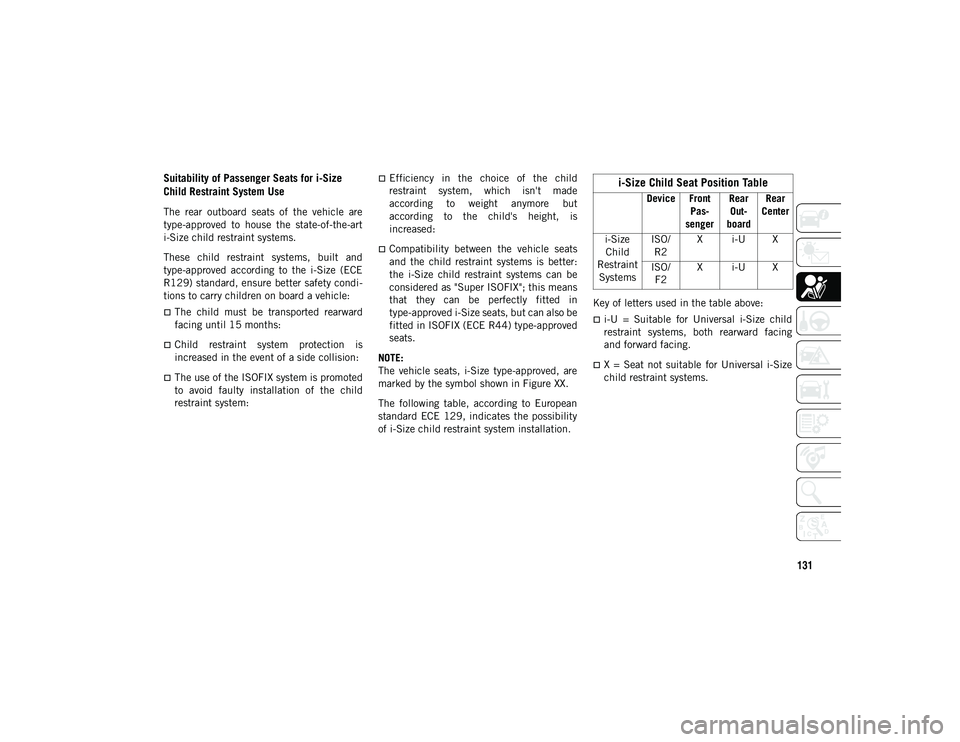 JEEP CHEROKEE 2020  Owner handbook (in English) 131
Suitability of Passenger Seats for i-Size 
Child Restraint System Use
The  rear  outboard  seats  of  the  vehicle  are
type-approved  to  house  the  state-of-the-art
i-Size child restraint syste