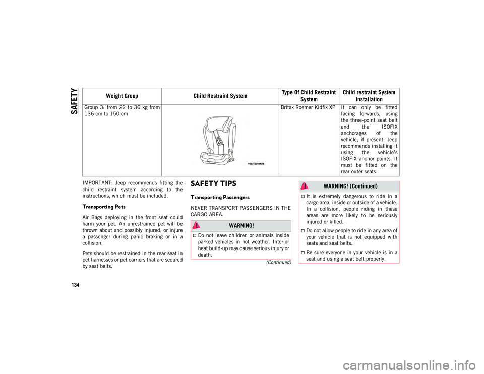 JEEP CHEROKEE 2020  Owner handbook (in English) SAFETY
134
(Continued)
IMPORTANT:  Jeep  recommends  fitting  the
child  restraint  system  according  to  the
instructions, which must be included.
Transporting Pets   
Air  Bags  deploying  in  the 