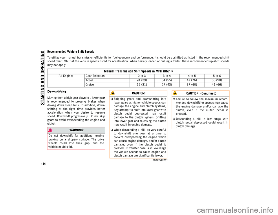 JEEP CHEROKEE 2021  Owner handbook (in English) STARTING AND OPERATING
144
(Continued)
Recommended Vehicle Shift Speeds
To utilize your manual transmission efficiently for fuel economy and performance, it should be upshifted as listed in the recomm