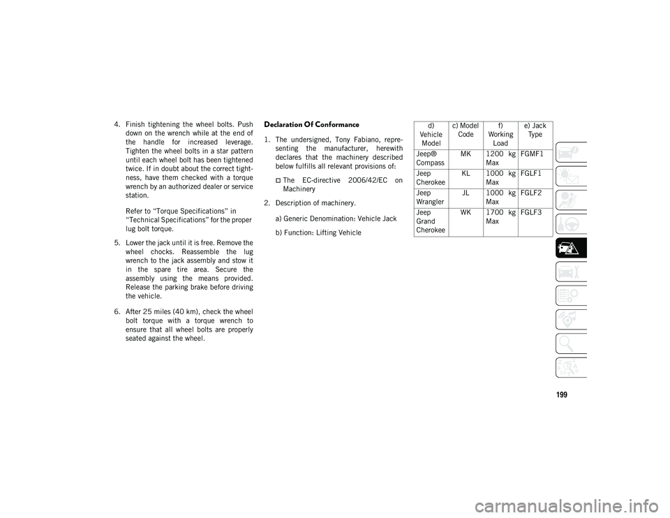 JEEP CHEROKEE 2021  Owner handbook (in English) 199
4. Finish  tightening  the  wheel  bolts.  Pushdown  on  the  wrench  while  at  the  end  of
the  handle  for  increased  leverage.
Tighten the  wheel bolts in a star pattern
until each wheel bol