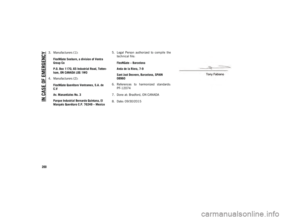 JEEP CHEROKEE 2020 Owner handbook (in English) IN CASE OF EMERGENCY
200
3. Manufacturers (1):FlexNGate Seeburn, a division of Ventra
Group Co
P.O. Box 1170, 65 Industrial Road, Totten -
ham, ON CANADA L0G 1W0
4. Manufacturers (2):
FlexNGate Quer JEEP CHEROKEE 2020 Owner handbook (in English) IN CASE OF EMERGENCY
200
3. Manufacturers (1):FlexNGate Seeburn, a division of Ventra
Group Co
P.O. Box 1170, 65 Industrial Road, Totten -
ham, ON CANADA L0G 1W0
4. Manufacturers (2):
FlexNGate Quer
