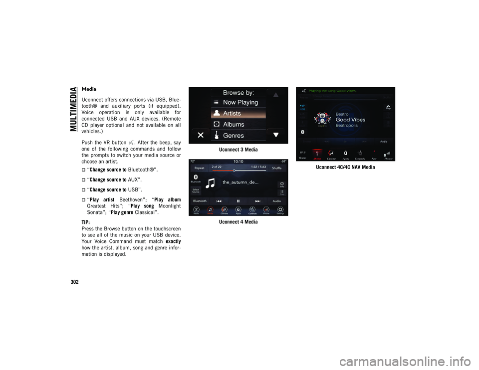 JEEP CHEROKEE 2020 Owner handbook (in English) MULTIMEDIA
302
Media
Uconnect offers connections via USB, Blue-
tooth® and auxiliary ports (if equipped).
Voice operation is only available for
connected USB and AUX devices. (Remote
C JEEP CHEROKEE 2020 Owner handbook (in English) MULTIMEDIA
302
Media
Uconnect offers connections via USB, Blue-
tooth® and auxiliary ports (if equipped).
Voice operation is only available for
connected USB and AUX devices. (Remote
C