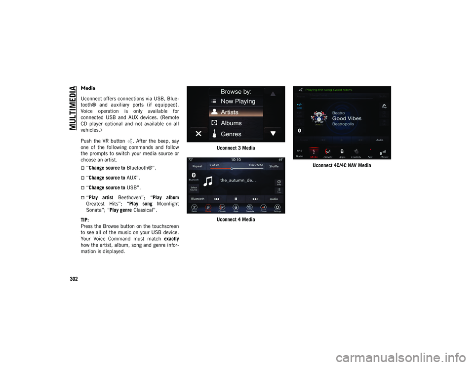 JEEP CHEROKEE 2020  Owner handbook (in English) MULTIMEDIA
302
Media
Uconnect offers connections via USB, Blue-
tooth®  and  auxiliary  ports  (if  equipped).
Voice  operation  is  only  available  for
connected  USB  and  AUX  devices.  (Remote
C
