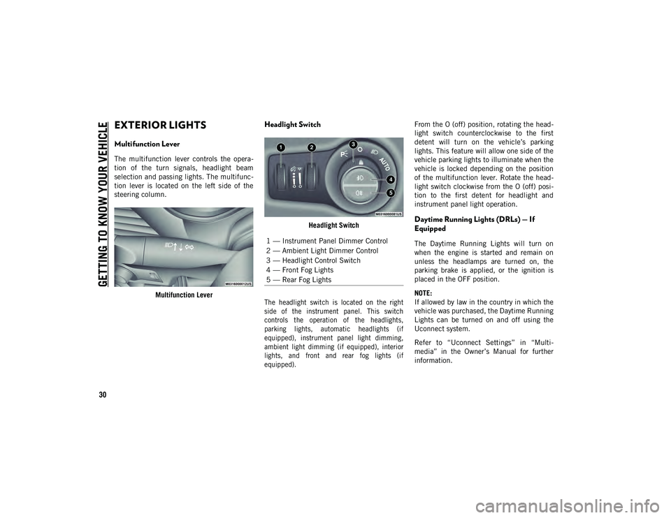 JEEP CHEROKEE 2021  Owner handbook (in English) GETTING TO KNOW YOUR VEHICLE
30
EXTERIOR LIGHTS  
Multifunction Lever 
The  multifunction  lever  controls  the  opera-
tion  of  the  turn  signals,  headlight  beam
selection and passing lights. The