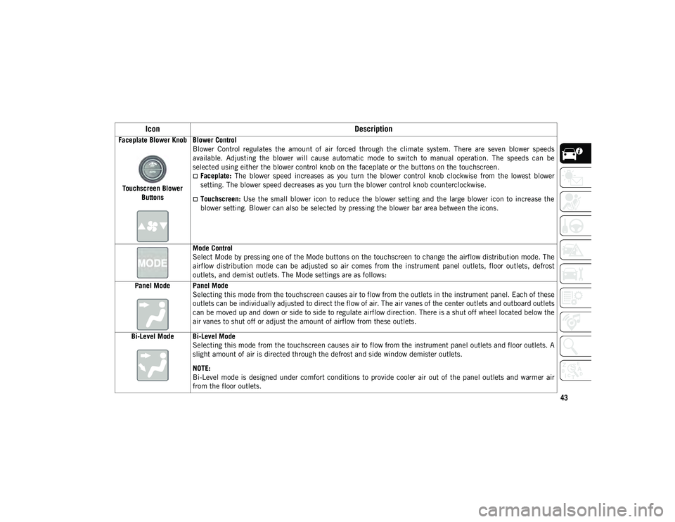JEEP CHEROKEE 2020 Owner handbook (in English) 43
Faceplate Blower KnobTouchscreen Blower Buttons Blower Control
Blower Control regulates the amount of air forced through the climate system. There are seven blower speeds
available JEEP CHEROKEE 2020 Owner handbook (in English) 43
Faceplate Blower KnobTouchscreen Blower Buttons Blower Control
Blower Control regulates the amount of air forced through the climate system. There are seven blower speeds
available