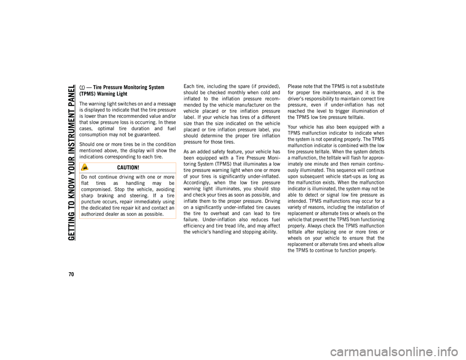 JEEP CHEROKEE 2020 Owner handbook (in English) GETTING TO KNOW YOUR INSTRUMENT PANEL
70
— Tire Pressure Monitoring System
(TPMS) Warning Light
The warning light switches on and a message
is displayed to indicate that the tire pressure
is lowe JEEP CHEROKEE 2020 Owner handbook (in English) GETTING TO KNOW YOUR INSTRUMENT PANEL
70
— Tire Pressure Monitoring System
(TPMS) Warning Light
The warning light switches on and a message
is displayed to indicate that the tire pressure
is lowe