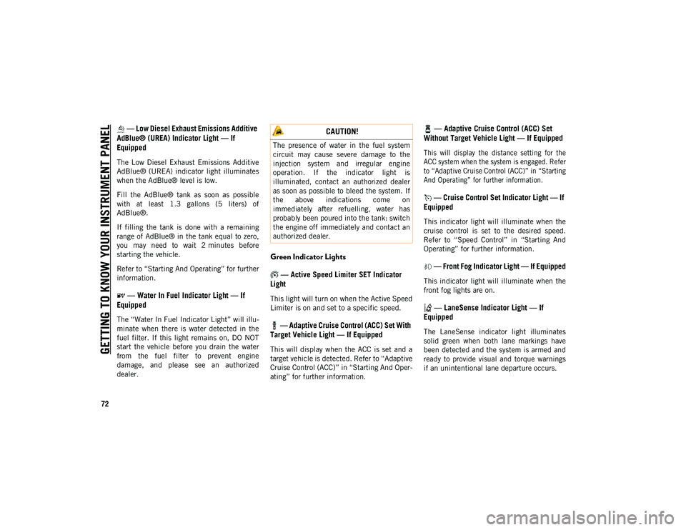 JEEP CHEROKEE 2021  Owner handbook (in English) GETTING TO KNOW YOUR INSTRUMENT PANEL
72
 — Low Diesel Exhaust Emissions Additive 
AdBlue® (UREA) Indicator Light — If 
Equipped
The  Low  Diesel  Exhaust  Emissions  Additive
AdBlue®  (UREA)  i