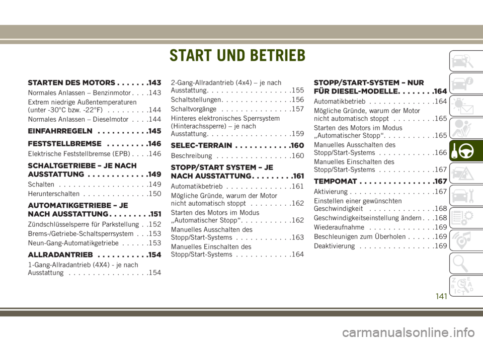 JEEP CHEROKEE 2018 Betriebsanleitung (in German) START UND BETRIEB
STARTEN DES MOTORS.......143
Normales Anlassen – Benzinmotor . . . .143
Extrem niedrige Außentemperaturen
(unter -30°C bzw. -22°F).........144
Normales Anlassen – Dieselmotor JEEP CHEROKEE 2018 Betriebsanleitung (in German) START UND BETRIEB
STARTEN DES MOTORS.......143
Normales Anlassen – Benzinmotor . . . .143
Extrem niedrige Außentemperaturen
(unter -30°C bzw. -22°F).........144
Normales Anlassen – Dieselmotor