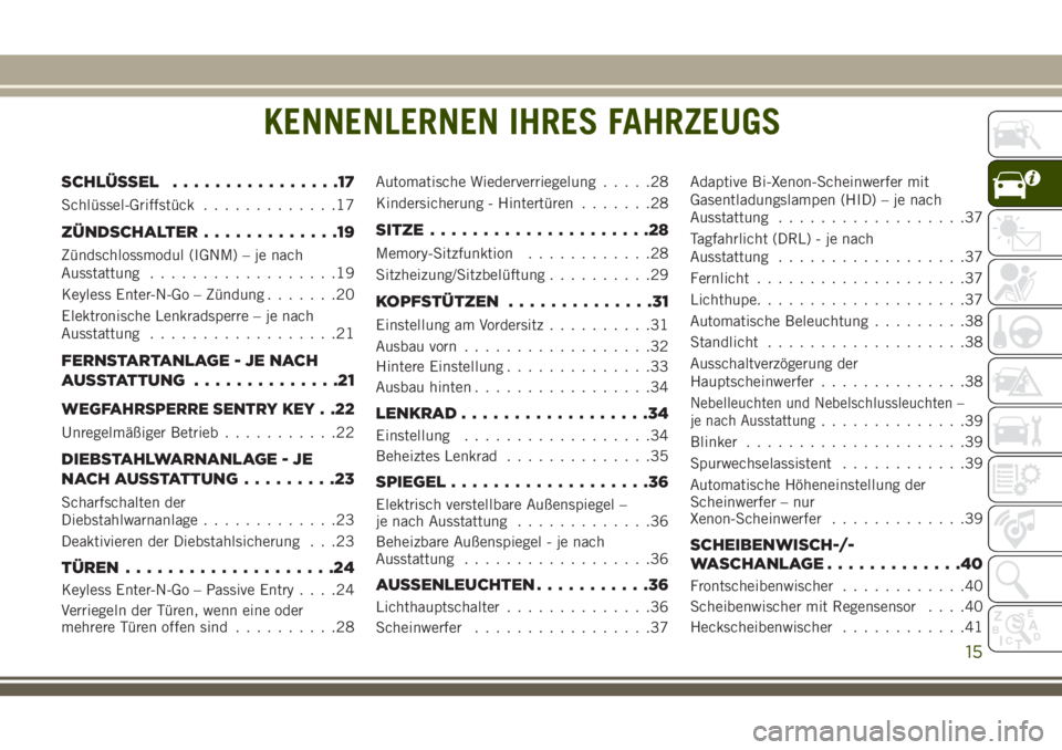 JEEP CHEROKEE 2018 Betriebsanleitung (in German) KENNENLERNEN IHRES FAHRZEUGS
SCHLÜSSEL................17
Schlüssel-Griffstück .............17
ZÜNDSCHALTER.............19
Zündschlossmodul (IGNM) – je nach
Ausstattung..................19
Keyle JEEP CHEROKEE 2018 Betriebsanleitung (in German) KENNENLERNEN IHRES FAHRZEUGS
SCHLÜSSEL................17
Schlüssel-Griffstück .............17
ZÜNDSCHALTER.............19
Zündschlossmodul (IGNM) – je nach
Ausstattung..................19
Keyle