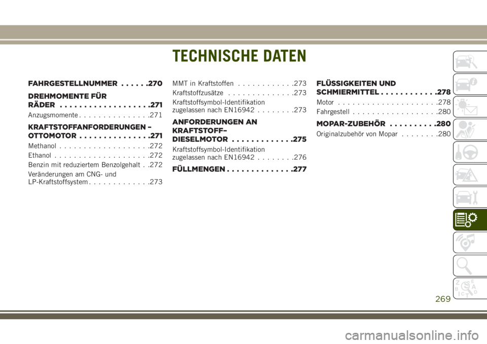 JEEP CHEROKEE 2018  Betriebsanleitung (in German) TECHNISCHE DATEN
FAHRGESTELLNUMMER......270
DREHMOMENTE FÜR
RÄDER ...................271
Anzugsmomente ...............271
KRAFTSTOFFANFORDERUNGEN –
OTTOMOTOR
...............271
Methanol...........