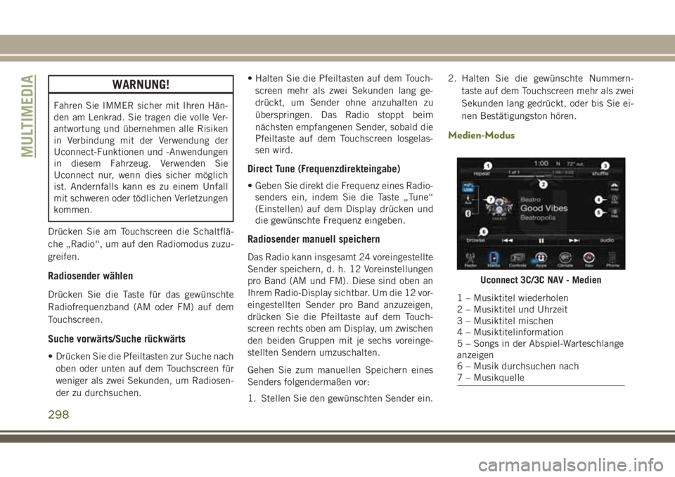 JEEP CHEROKEE 2018 Betriebsanleitung (in German) WARNUNG!
Fahren Sie IMMER sicher mit Ihren Hän-
den am Lenkrad. Sie tragen die volle Ver-
antwortung und übernehmen alle Risiken
in Verbindung mit der Verwendung der
Uconnect-Funktionen und -Anwendu JEEP CHEROKEE 2018 Betriebsanleitung (in German) WARNUNG!
Fahren Sie IMMER sicher mit Ihren Hän-
den am Lenkrad. Sie tragen die volle Ver-
antwortung und übernehmen alle Risiken
in Verbindung mit der Verwendung der
Uconnect-Funktionen und -Anwendu
