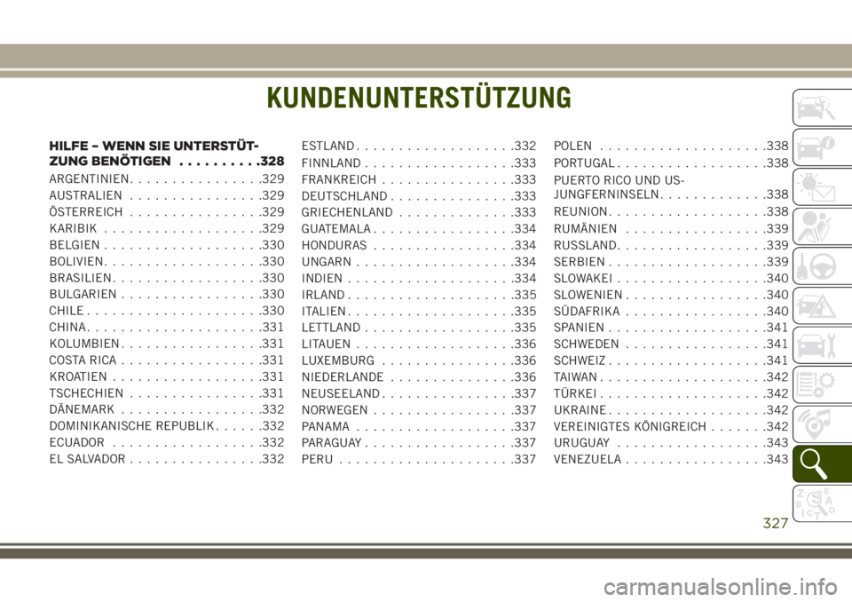 JEEP CHEROKEE 2018  Betriebsanleitung (in German) KUNDENUNTERSTÜTZUNG
HILFE – WENN SIE UNTERSTÜT-
ZUNG BENÖTIGEN..........328
ARGENTINIEN................329
AUSTRALIEN ................329
ÖSTERREICH ................329
KARIBIK .................