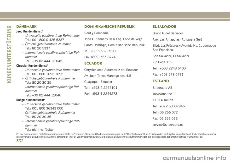 JEEP CHEROKEE 2018  Betriebsanleitung (in German) DÄNEMARK
Jeep Kundendienst*–Universelle gebührenfreie Rufnummer
Tel.: 001 800 0 426 5337
– Örtliche gebührenfreie Nummer
Tel.: 80 20 5337
– Internationale gebührenpflichtige Ruf-
nummer
Tel