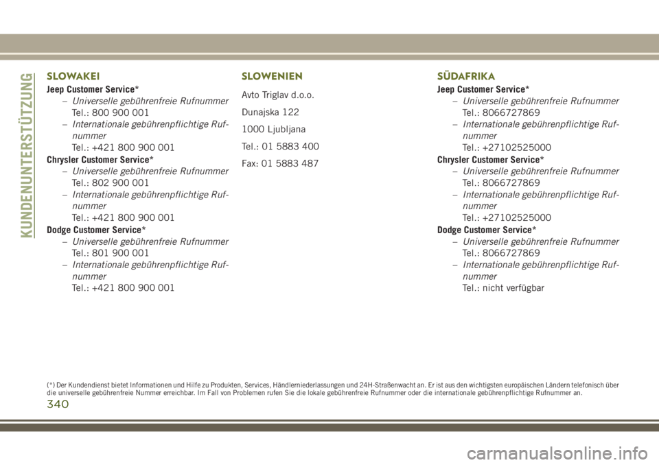 JEEP CHEROKEE 2018  Betriebsanleitung (in German) SLOWAKEI
Jeep Customer Service*–Universelle gebührenfreie Rufnummer
Tel.: 800 900 001
– Internationale gebührenpflichtige Ruf-
nummer
Tel.: +421 800 900 001
Chrysler Customer Service* –Univers