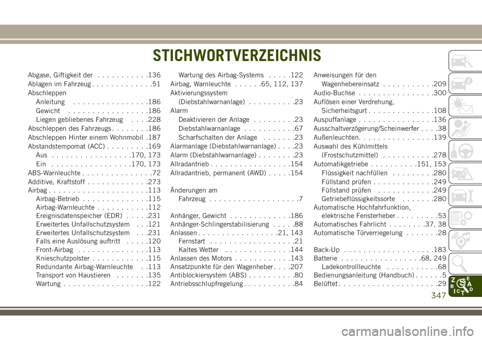 JEEP CHEROKEE 2018  Betriebsanleitung (in German) Abgase, Giftigkeit der...........136
Ablagen im Fahrzeug .............51
Abschleppen Anleitung ................186
Gewicht .................186
Liegen gebliebenes Fahrzeug . . . .228
Abschleppen des F