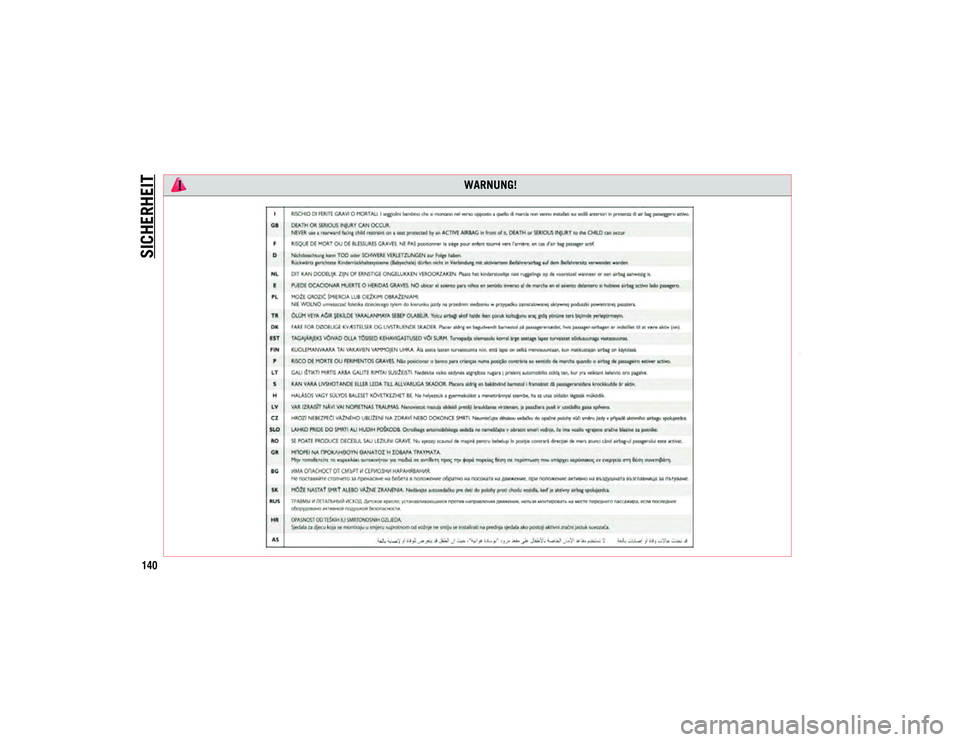JEEP CHEROKEE 2021  Betriebsanleitung (in German) SICHERHEIT
140
2020_JEEP_CHEROKEE_UG_LHD_EE.book  Page 140   
WARNUNG! 
