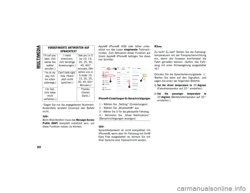 JEEP CHEROKEE 2021  Betriebsanleitung (in German) MULTIMEDIA
352
*Sagen Sie nur die angegebenen Nummern.
Andernfalls  versteht  Uconnect  den  Befehl
nicht.
TIPP:
Beim Mobiltelefon muss das Message Access
Profile  (MAP)   komplett  installiert  sein,